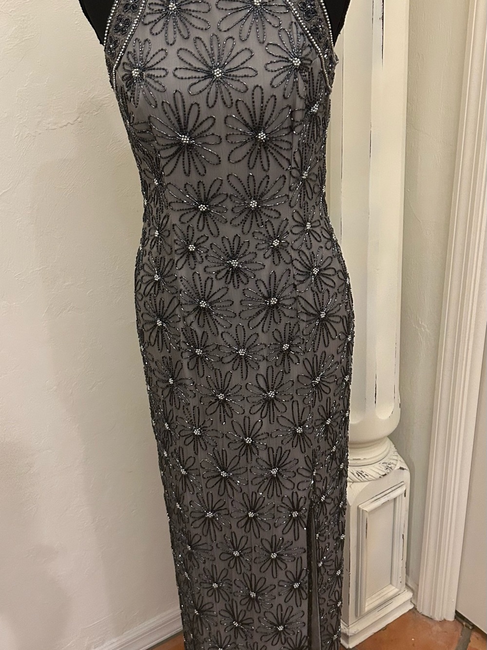 Adrianna Papell Black Beaded Floral Sheath Dress